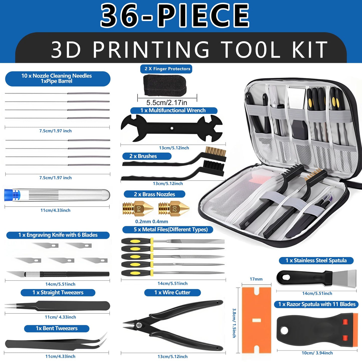 36Pcs 3D Printer Tools Kit with Storage Case, Scrapers Deburring Tool Files Brushes Hand Drill Tweezers for Bambu Lab Ender Kobr