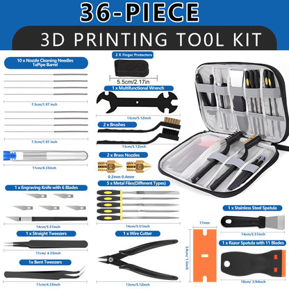36Pcs 3D Printer Tools Kit with Storage Case, Scrapers Deburring Tool Files Brushes Hand Drill Tweezers for Bambu Lab Ender Kobr