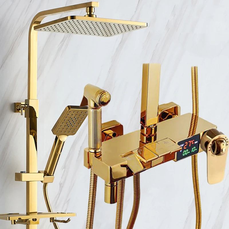 Gold Piano Digital Display Bathroom Shower Set Brass Bathroom Faucet Accessories Thermostatic Digital Bathroom Shower System