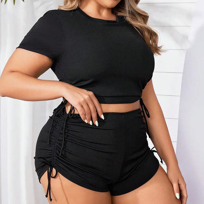 Women's Plus Size Two Piece Conservative Bikini Set Solid Drawstring Swimsuit Blouson Tops And High Waist Shorts Bathing Suits