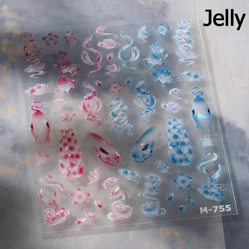 5D Gold Stamped Silver Sun Stars Snake Nail Art Stickers Totems Reliefs Self Adhesive Dark Chinese Style Manicure Decals