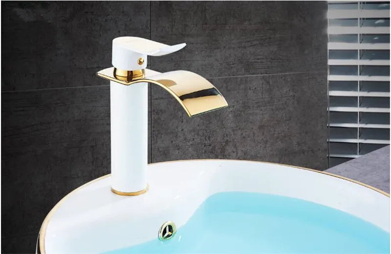 Basin Faucet Gold and White Waterfall Faucet Brass Bathroom Faucet Bathroom Basin Faucet Mixer Tap Hot and Cold Sink Faucet