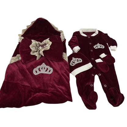 Dollbling Royal Blue Velvet Baby Romper Outfits Set Welcome Home Nursery Infant Nest Luxury Crown Receiving Blanket