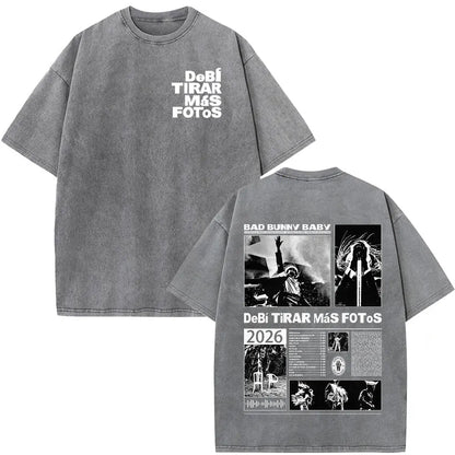 Rapper Bad Bunny Vintage Washed T Shirts Debi Tirar Mas Fotos DTMF T-shirts Men's Clothing Fashion High Quality T-shirt Couples