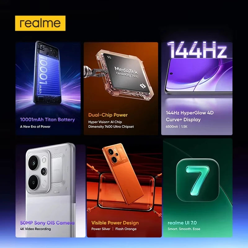 realme P4 Power 5G Smartphone 10001mAh Battery 80W Ultra Fast Charge MediaTek Dimensity 7400 Ultra 5G 6.8'' 144Hz Screen NFC 2026 Nest Mobile Phone Big Battery