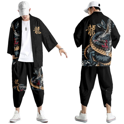 Large Size 5XL 6XL Japanese Kimono Cardigan Pants Set Print Fox Men Women Shirt Tradition Yukata Haori Obi Cosplay Costume