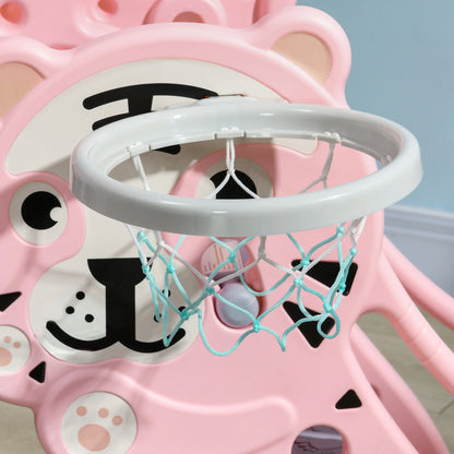 Children’s slide, indoor children’s slide, with a basketball hoop, tiger theme, for 18 to 36 months, pink