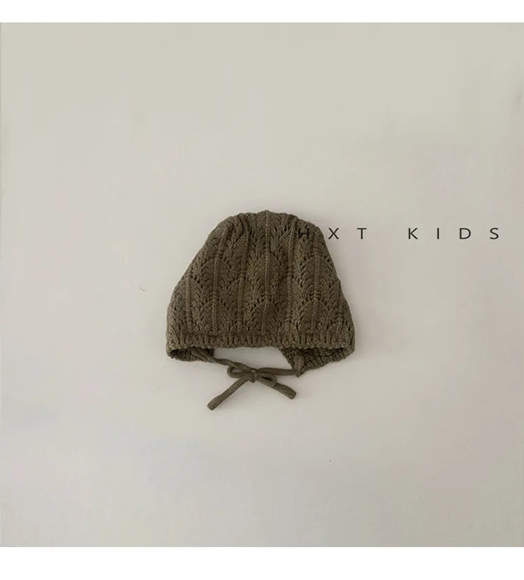 Fashion Retro Hollow Children Knitted Hats Handmade Crochet Flower Girls Parent-child Outdoor Cotton Hat 2024 Autumn Winter Caps