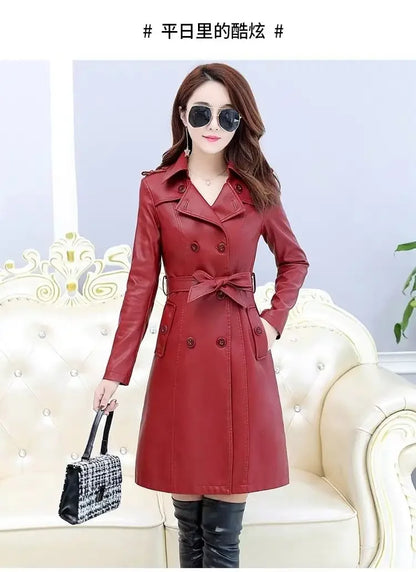 Top Compound lambskin leather jacket lady Free wash PU women clothing trench Long faux fur coat streetwear casaca para mujer