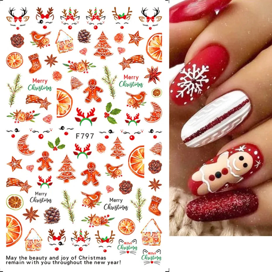 1PCS New Christmas Decorations 2023 New Year Nail Stickers Press on Nails Laser Snowflake Christmas Tree 3D Nail Decal