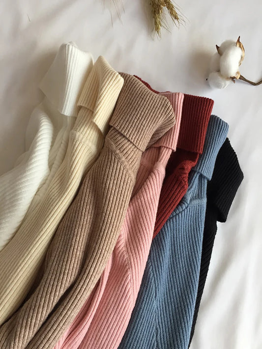 2026 Autumn Winter Sweater Women Knitted Ribbed Pullover Sweater Long Sleeve Turtleneck Slim Jumper Soft Warm Pull Femme
