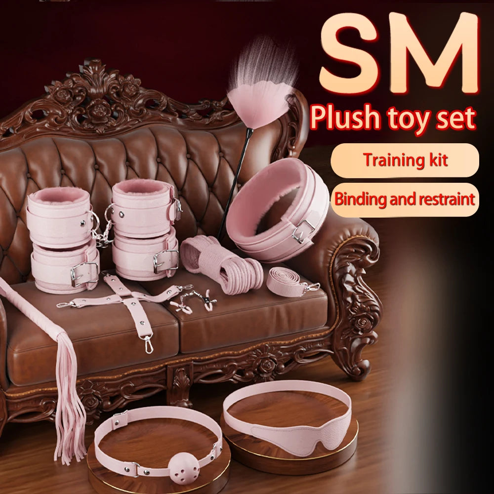 6-10Pcs/Set Sexual Bondage Handcuff Whip Adult Couple Sex Toys Tools Set Erotic Sex Toys for Woman Couples Leather BDSM Kits