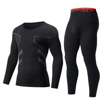 2-piece Men's Autumn And Winter Solid Color Round Neck Fashionable Printed Sports Thermal Underwear Set Simple And Comfortable
