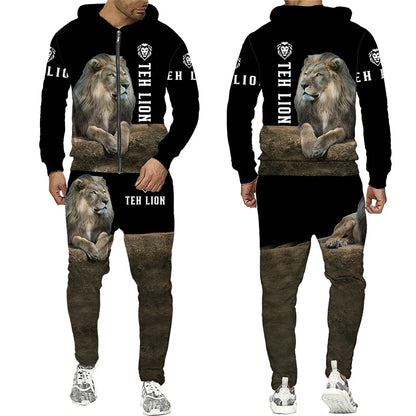 Spring and Autumn Men's Tracksuit 3D The Lion Print Zipper Hoodies Sweatshirts Pants Sets Casual Mens Clothing Women's Tracksuit