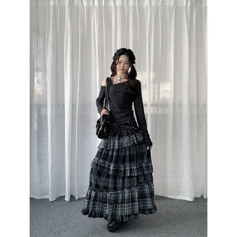 Y2k Vintage Long Skirts Plaid Ruffles Patchwork Harajuku Casual Loose Cake Skite Punk Gothic Streetwear All Match Women Clothing