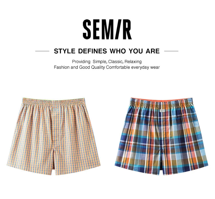 Semir Shorts Men Pure Cotton 2024 New Home Pants Checked Relaxed Five-Point Elastic Waist Straight Leg 2-Piece Set Underwear