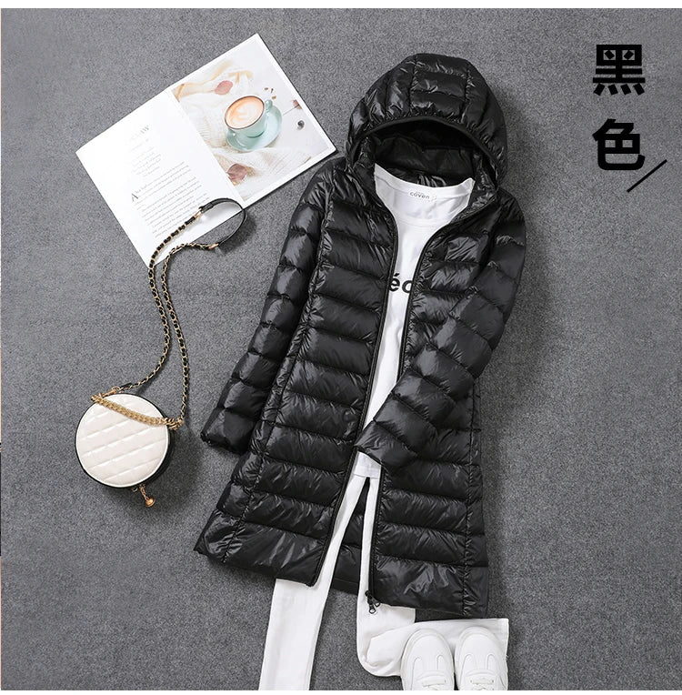 Women Ultra Light Long Down Jacket Coats Autumn Winter Loose Long Sleeve Zip Up Loose Korean Hooded Detachable Tops Outwear