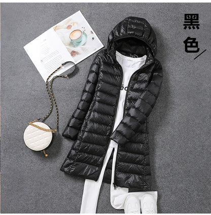 Women Ultra Light Long Down Jacket Coats Autumn Winter Loose Long Sleeve Zip Up Loose Korean Hooded Detachable Tops Outwear