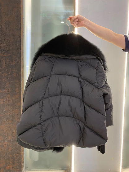 Oversized Winter Warm Real Fox Fur Collar Black Down Coat Women Puffer Outerwear Jackets 2024 Autumn Winter