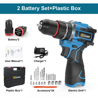 Gisam 95NM Brushless Electric Impact Drill 25+3 Torque 3 in 1 Cordless Electric Screwdriver Portable Power Tools For Home Woodwo