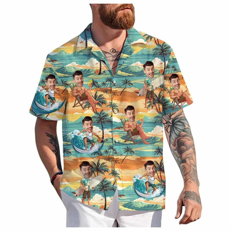 Custom Face Hawaiian Shirt Unisex Funny Personalized 3D Printed Button Shirts 2025 Beach Short Sleeves Lapel Shirts DIY Blouses