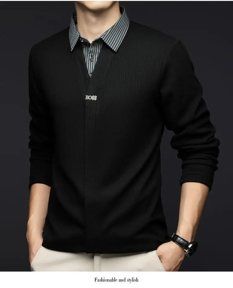 Autumn Winter Fake Two Sweaters Knitted Business Fashion Turn-down Collar Thermal Long Sleeve Men Patchwork All-match Pullover