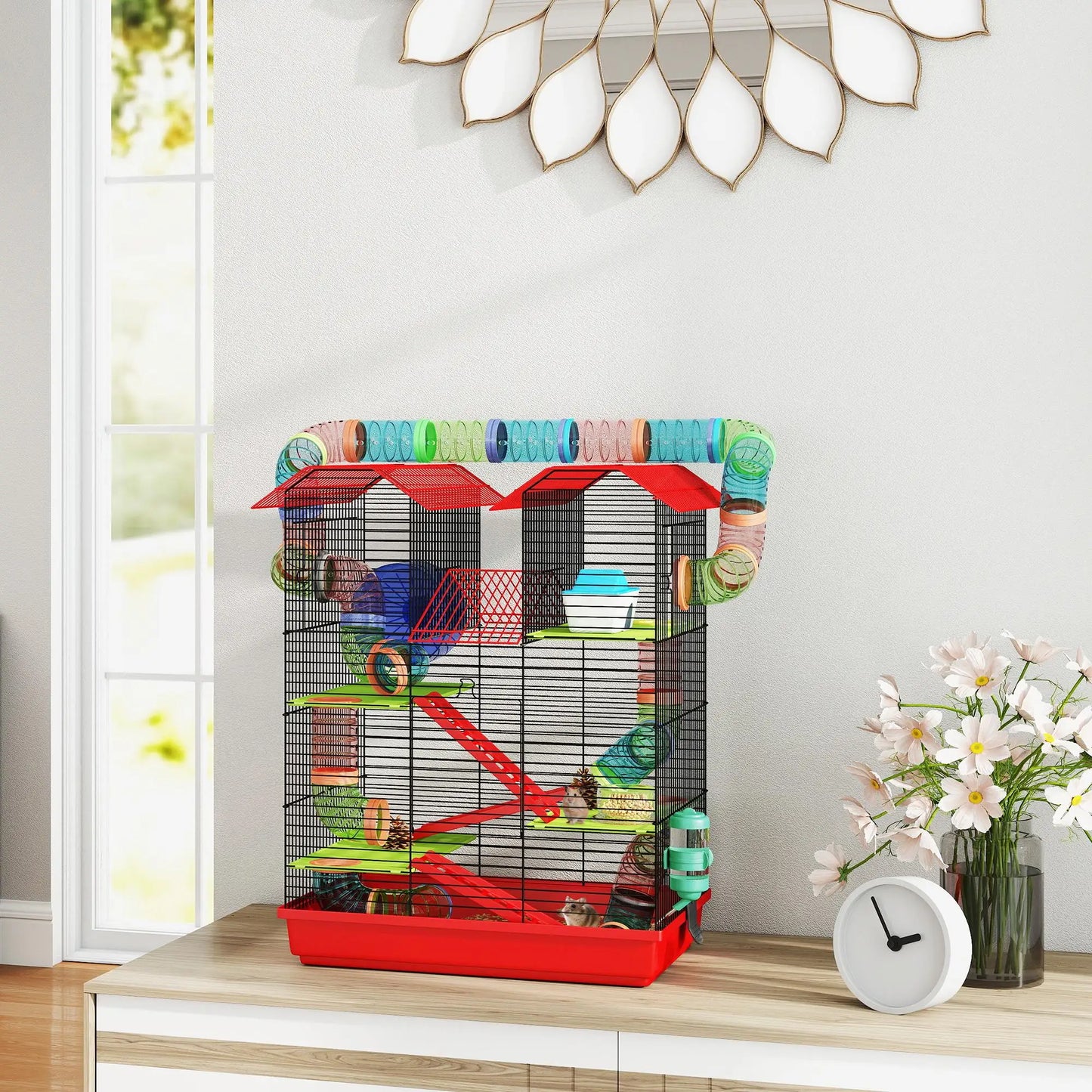 5-level metal hamster cage 47x30x59 cm with wheel, tunnel, house, ramps, drinking bowl & food dispenser for small animals
