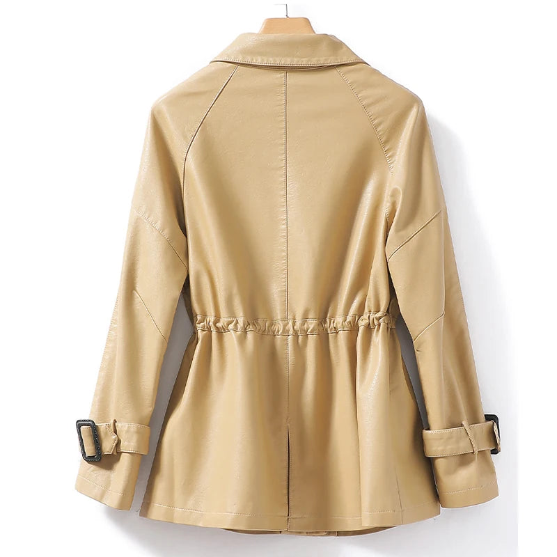 M-4XL Women's Sheepskin Coat Fashion Khaki Zipper Elastic Waist Female Long Sleeve Casual Loose Split Leather Jackets 2024 New