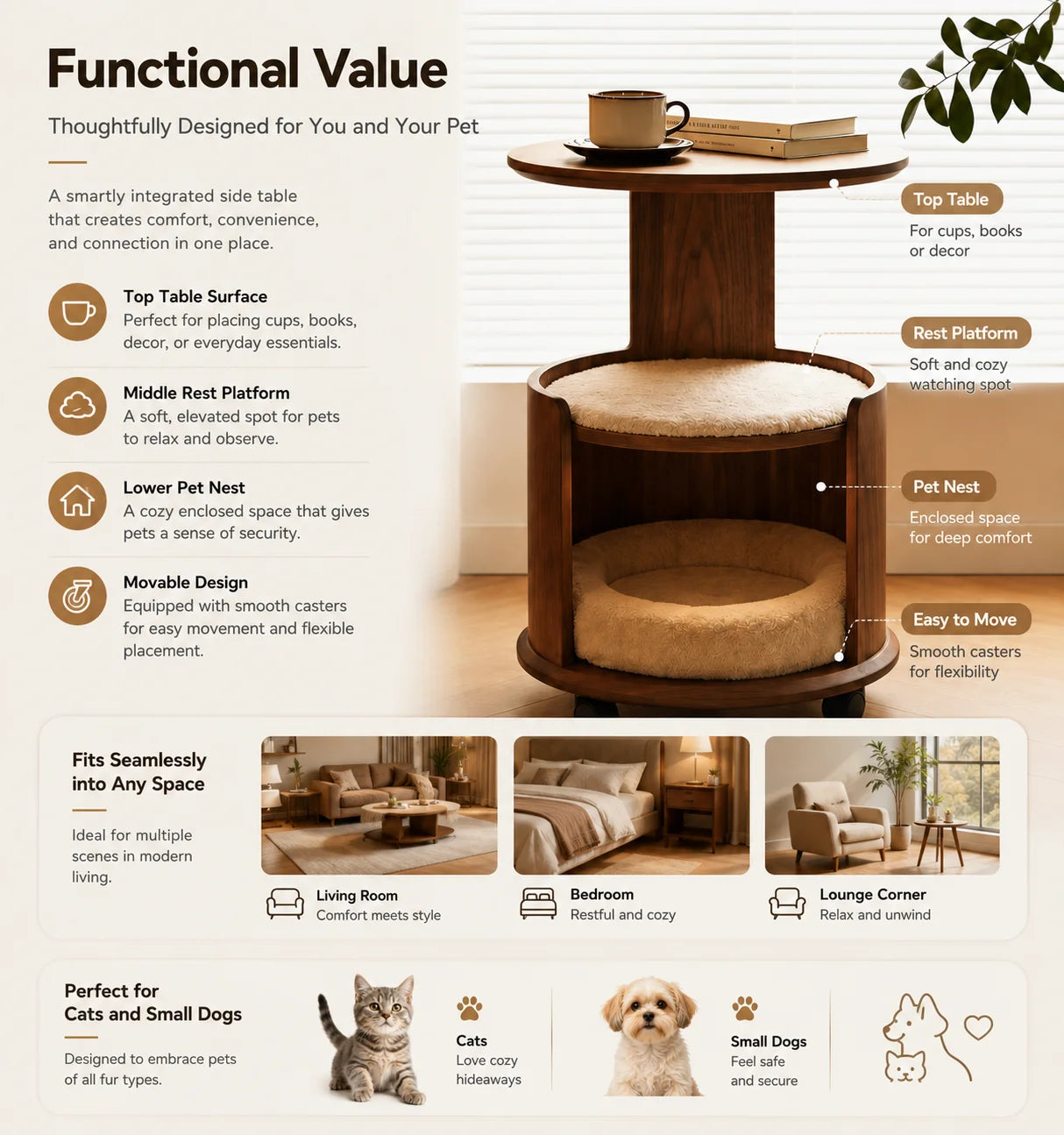 Wooden Pet Side Table Bed Combo with Removable Plush Cushion Smooth Rolling Casters for Cats Small Dogs Home Furniture