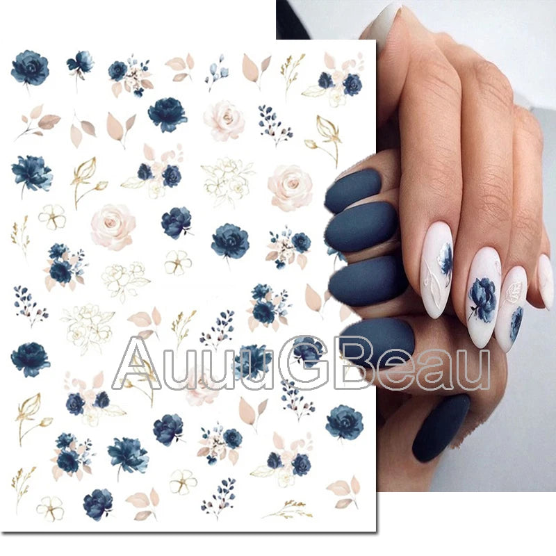 3d Nail Art Decals Watercolor Florals Purple Green Pink Flowers Leafs Fruit Adhesive Sliders Nail Stickers For Manicure
