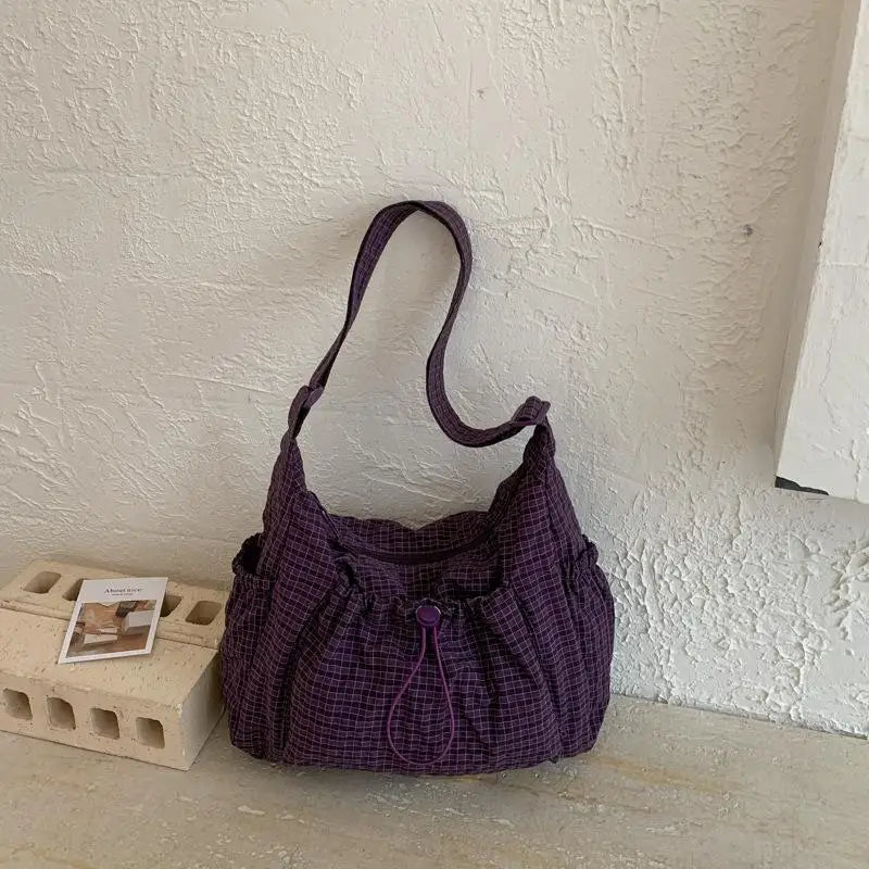 Korean Nylon Shoulder Bag Fashion Simple Plaid Zipper Tote Bag Drawstring Pleated Cloud Bag New Commuter Crossbody Shoulder Bag