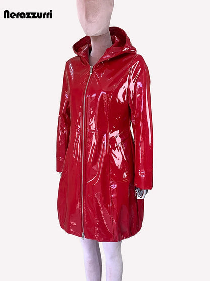 Nerazzurri Spring Fitted Waterproof Shiny Reflective Black Patent Faux Leather Jacket Women with Hood Zipper Red Autumn Clothes