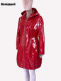Nerazzurri Spring Fitted Waterproof Shiny Reflective Black Patent Faux Leather Jacket Women with Hood Zipper Red Autumn Clothes