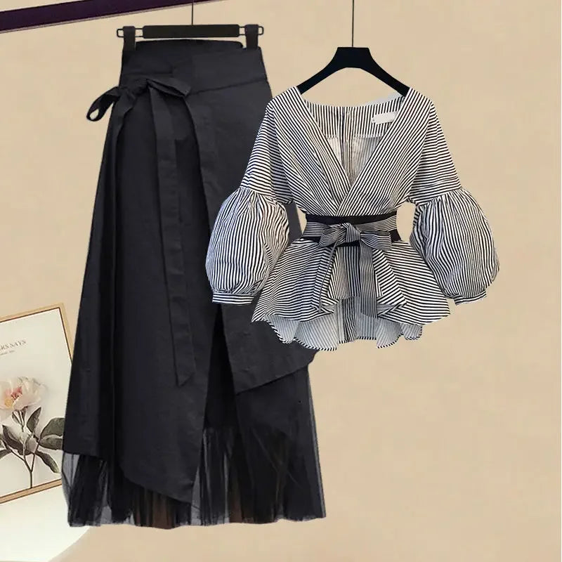2026 Korean Style Long Sleeve T-shirt Tops High Waist Skirt Two-piece Elegant Women's Skirt Suit Casual Outfits