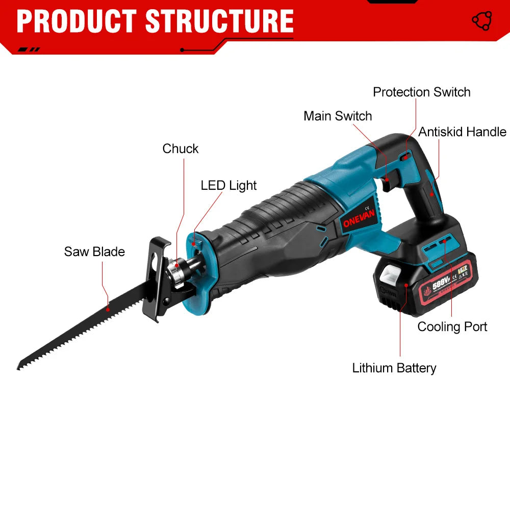 ONEVAN 3000W 10000SPM Cordless Electric Reciprocating Saw Wood Metal Pipe Cutting Electric Saw Chainsaw For Makita 18v Battery