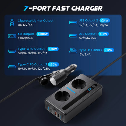 300W Vehicle Inverter, Converting 12V DC to 220V AC, Featuring Two Power Sockets and 2 USB Ports, 2 Type-C PD Ports