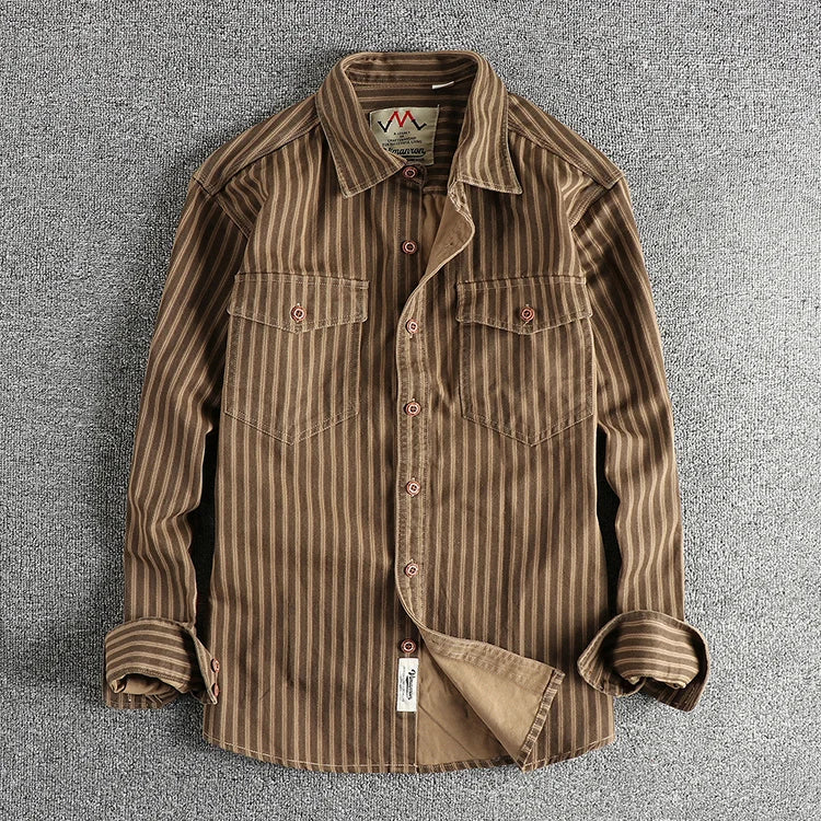 2025 Autumn And Winter New American Retro Stripe Long-Sleeve Lapel Shirt Men's Simple Fashion Washed Multi-pocket Casual Blouses