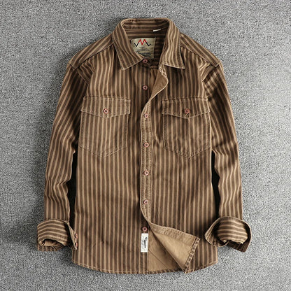2025 Autumn And Winter New American Retro Stripe Long-Sleeve Lapel Shirt Men's Simple Fashion Washed Multi-pocket Casual Blouses