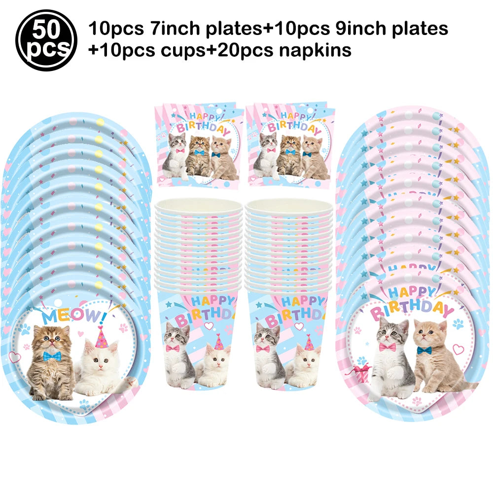 Cat Party Paper Plates Cups Napkins Party Supplies Cat Face Happy Birthday Banner Tablecloth for Cat Themed Birthday Party Decor
