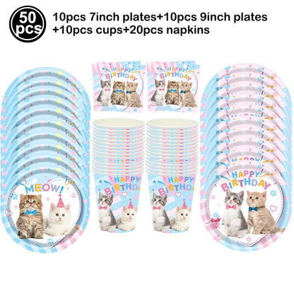 Cat Party Paper Plates Cups Napkins Party Supplies Cat Face Happy Birthday Banner Tablecloth for Cat Themed Birthday Party Decor