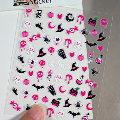 1sheet 5D Halloween Nail Stickers Pink/Green/Black Cartoon Pattern Nail Art Slider DIY For Sweet Cool Girl Cute Nail Decoration