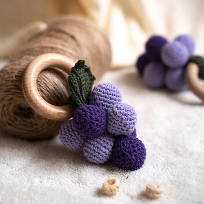 Wooden Baby Teether Cute Fruit Style Handmade Crochet Rattle Toys Newborn Soother Teething Chew Toys for Boys Girls Babies Gifts