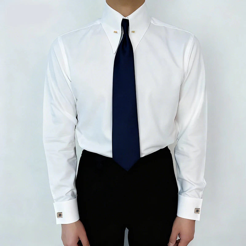 Embroidered French Cufflinks Men's Long-Sleeve Shirt with Collar Pins, Big Collar Dress Shirt for Business Formal Wear, Gentlema