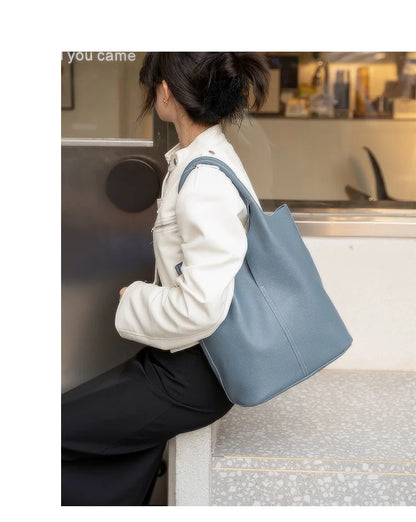 Genuine Grade Leather Women Commuter Tote Bag Ladies Soft Cowhide Tote Shoulder Handbag Large Female Bucket Bag Luxury Designer