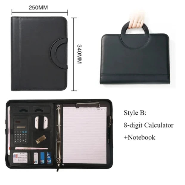 PU leather A4 zipper calculator binder conference file pad folder briefcase tablet portable circular handle file bag