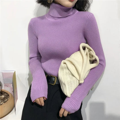 2026 Autumn Winter Sweater Women Knitted Ribbed Pullover Sweater Long Sleeve Turtleneck Slim Jumper Soft Warm Pull Femme