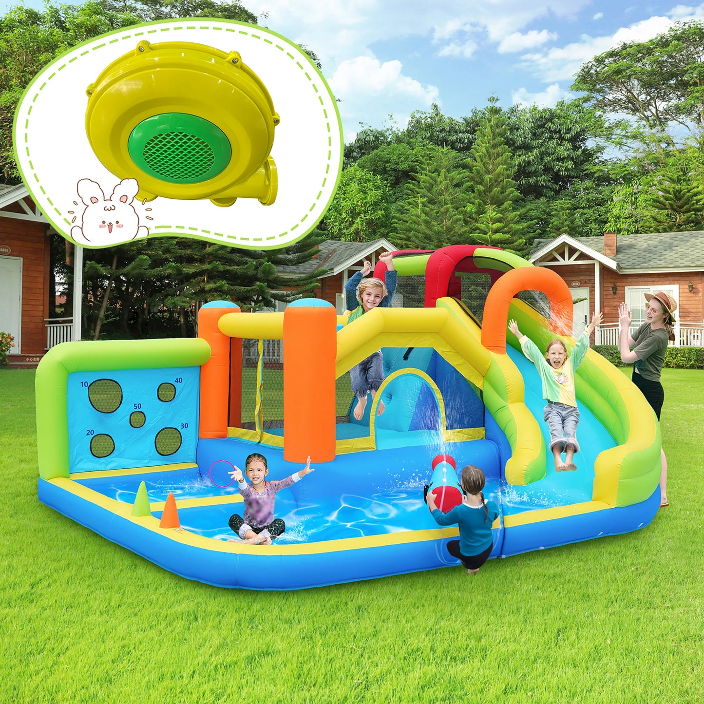 Kids' Bounce House,5 in 1 Inflatable Hopping Castle for Kids 3-10 Years, Outdoor Castle Bouncer with Slide Jump Area Water Pool Football Net