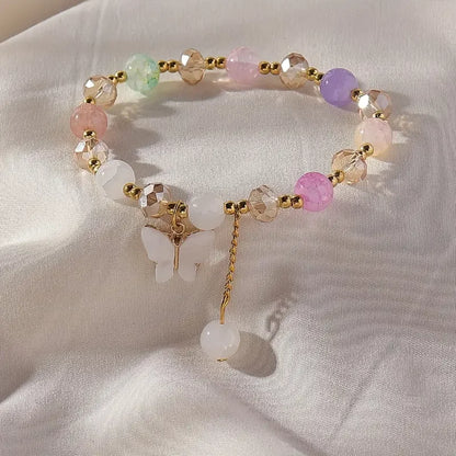 Purple Butterfly Charm Beaded Stretch Bracelet For Women Multi Color Crack Faceted Beads Round Charm Cute Girls Jewelry Gift