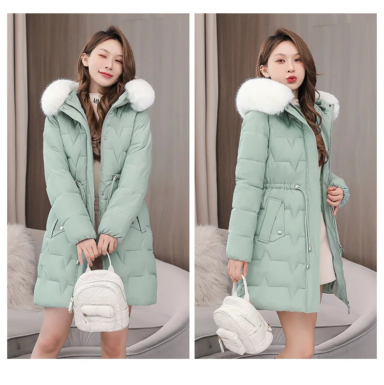 Hooded Women Parkas Coats Mid LenthJackets  Oversize Solid Fur Collar Zipper Drawstring Waist Loose Casual 2025 Autumn Winter