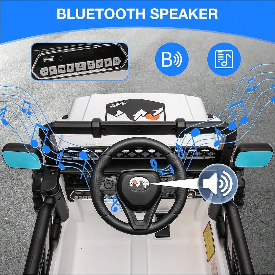 HAUSPROFI 12V Off-Road Ride-On Electric Car Toys for 3+ Years,With LED Lights,Remote Control,Seat Belt ,Bluetooth, 3-Speeds, Suspension